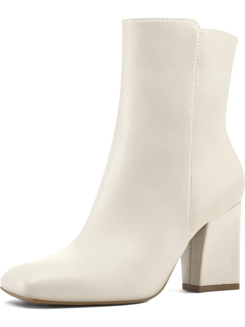 Women's Cream Pu Ankle Boots Square Toe GoGo Boots Chunky Block Heel Mid Calf